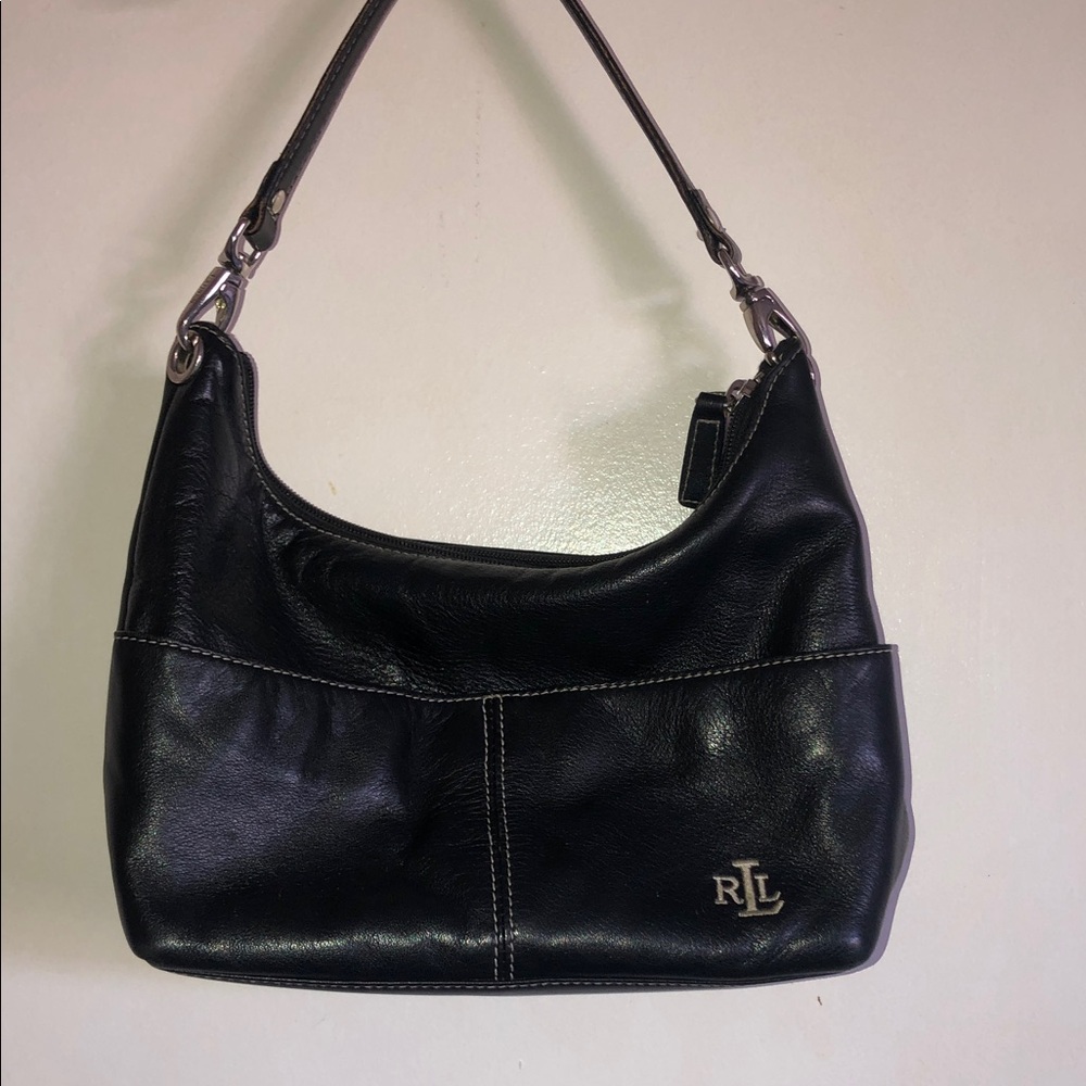 Ralph Lauren Black Leather Shoulder Hobo with RLL Logo
